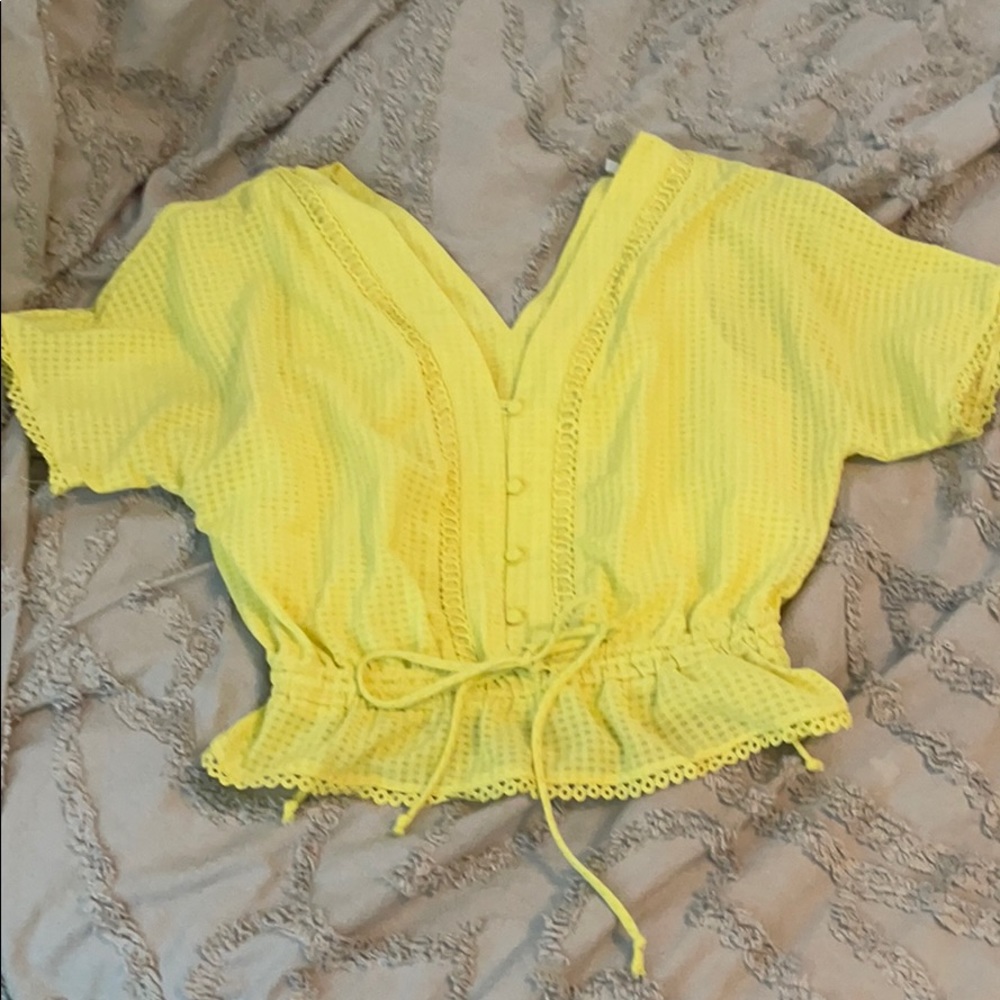 Yellow crop top with bell cap sleeves